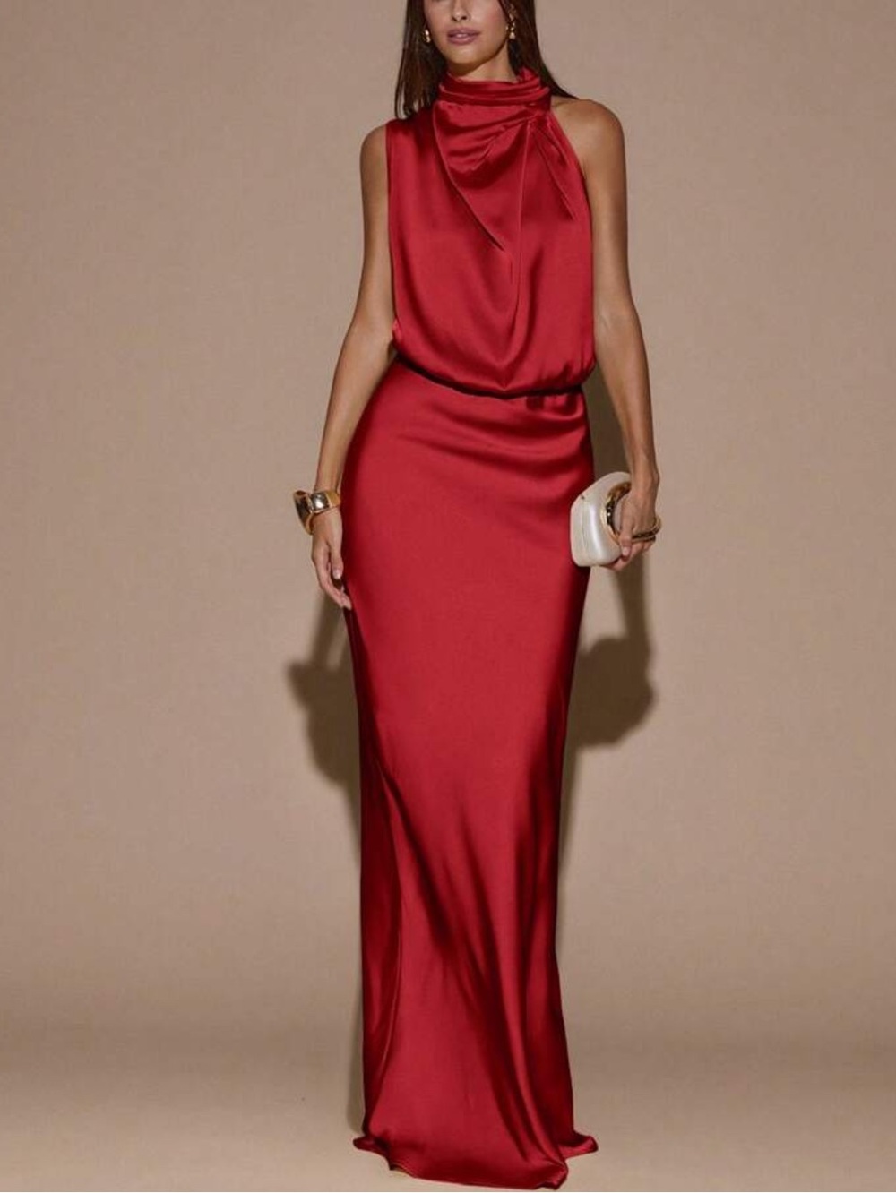 Elegant Satin Halter Evening Dress in Red